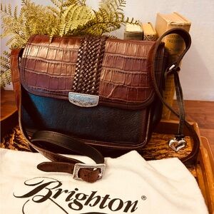 Vintage Brighton Two-Tone Leather Messenger Crossbody Bag Purse Organizer
